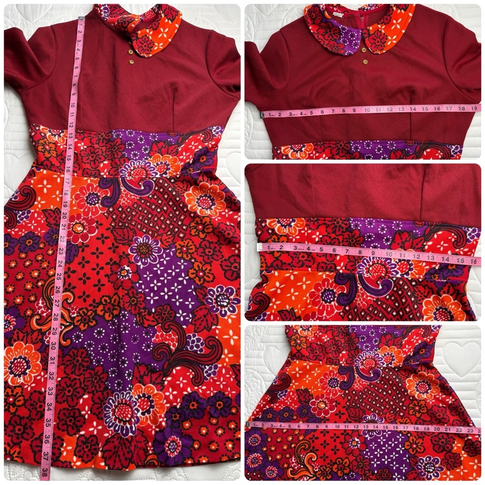 Vintage 70s Psychedelic Patchwork Red Orange Purp… - image 6